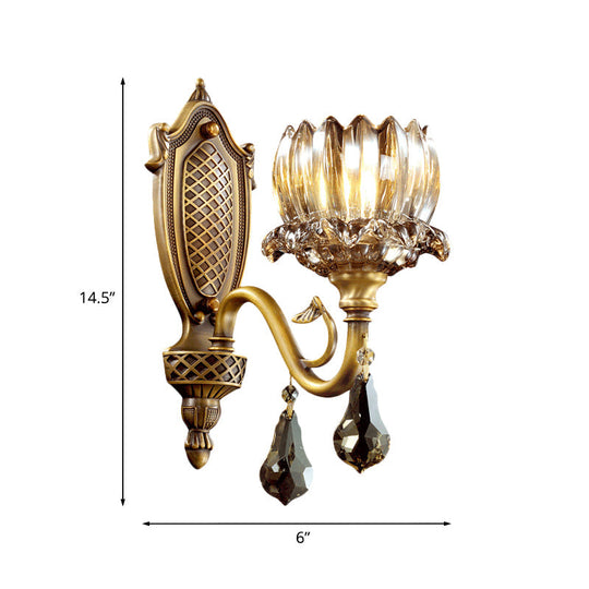 Lotus Amber Glass Wall Sconce: Antique Brass 1-Head Living Room Light With Crystal Pendalogues