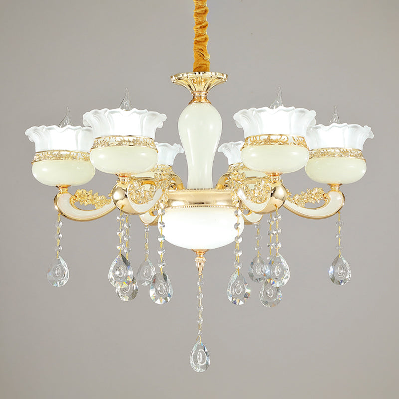 Modern Gold Chandelier With White Glass Shade - 6 Heads Ruffle-Edge Pendant For Bedroom Ceiling