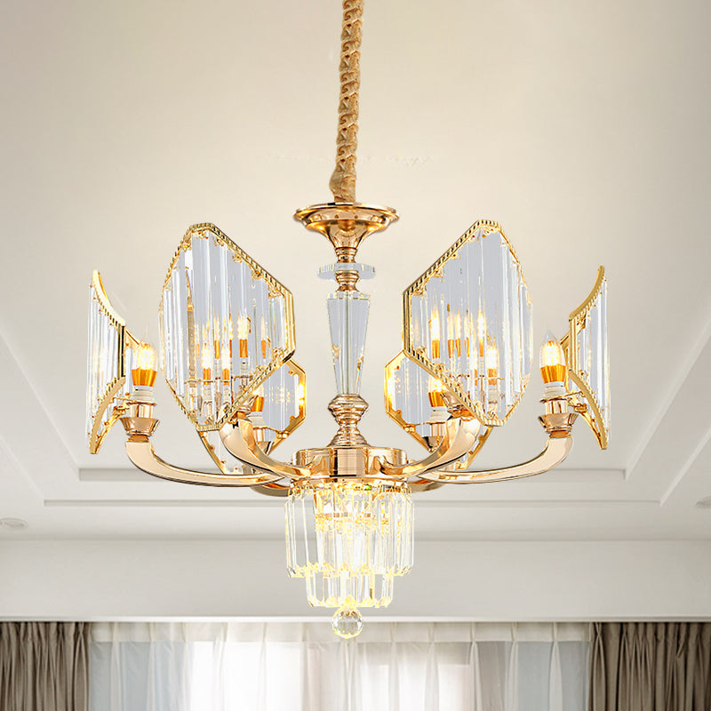 Gold Crystal Ceiling Chandelier - 6-Bulb Rhombus Paneled Pendant Light In Postmodern Style