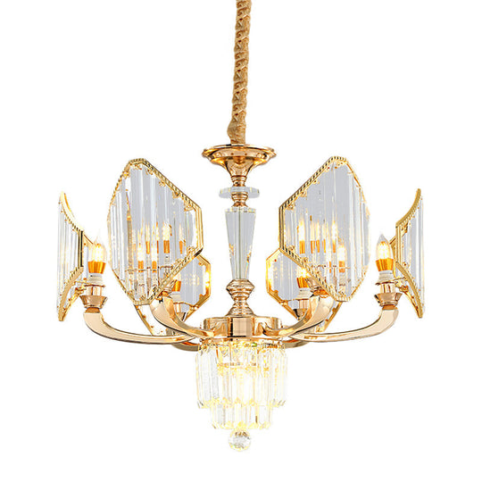 Gold Crystal Ceiling Chandelier - 6-Bulb Rhombus Paneled Pendant Light In Postmodern Style
