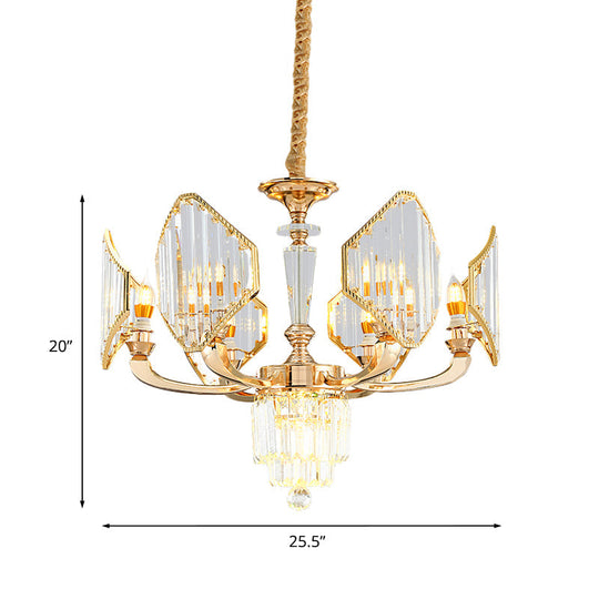 Gold Crystal Ceiling Chandelier - 6-Bulb Rhombus Paneled Pendant Light In Postmodern Style