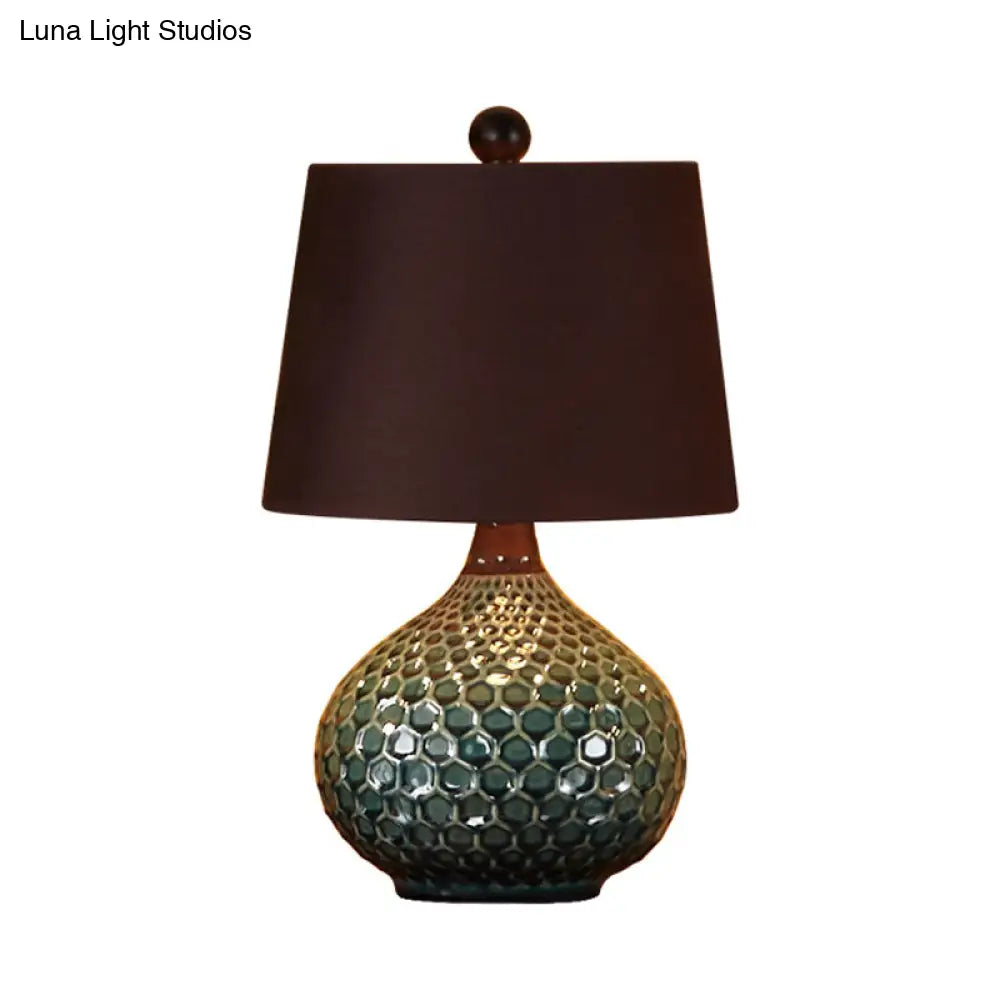 11/14 Coffee 1-Light Desk Lamp With Antiqued Style Fabric Drum Shade For Nightstand