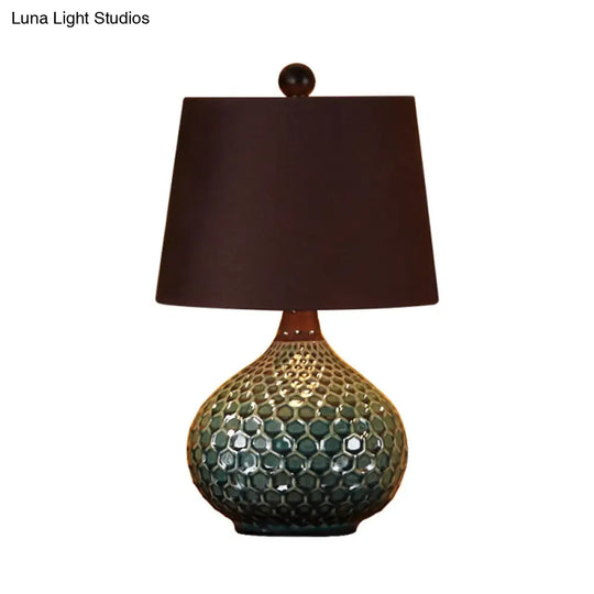 11/14 Coffee 1-Light Desk Lamp With Antiqued Style Fabric Drum Shade For Nightstand