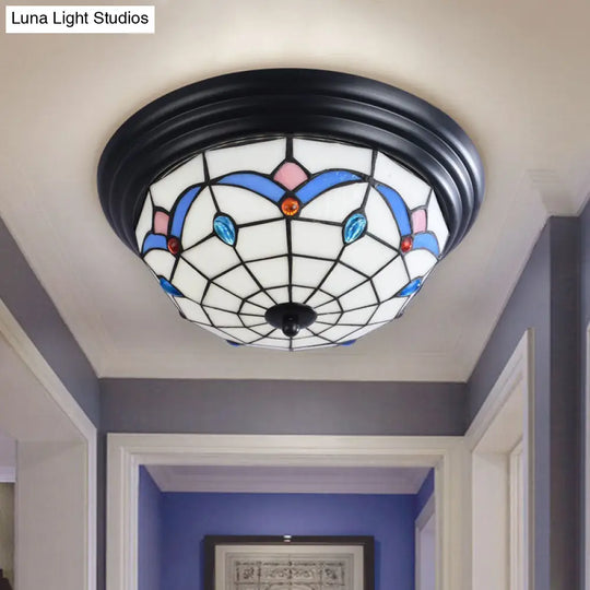 11’/15’ Tiffany Cut Glass Flush Ceiling Light - 3-Light Mount Fixture In White Ideal For Corridors