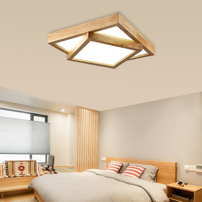 Modern Wood Flush Mount Led Ceiling Light For Bedroom - 19’/25’/31.5’ Wide Square Shape Warm/White