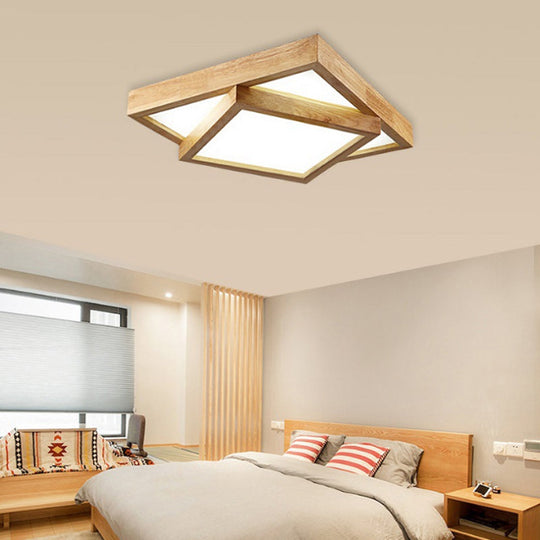 Modern Wood Flush Mount Led Ceiling Light For Bedroom - 19/25/31.5 Wide Square Shape Warm/White