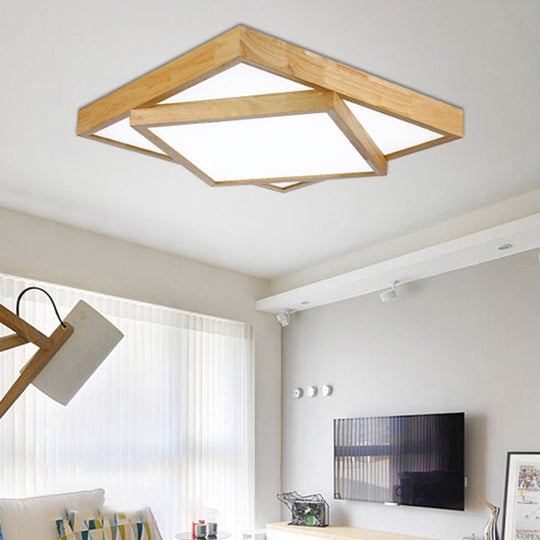 Modern Wood Flush Mount Led Ceiling Light For Bedroom - 19’/25’/31.5’ Wide Square Shape Warm/White