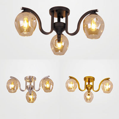 Modern 3 - Light Ceiling Lamp For Study Room - Glass And Metal Semi - Flush Mount