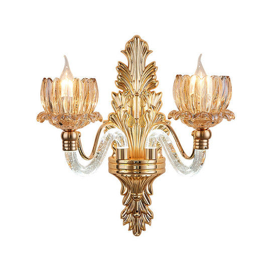 Gold Ribbed Glass Wall Sconce With 2 Floral Lights - Mid Century Fixture