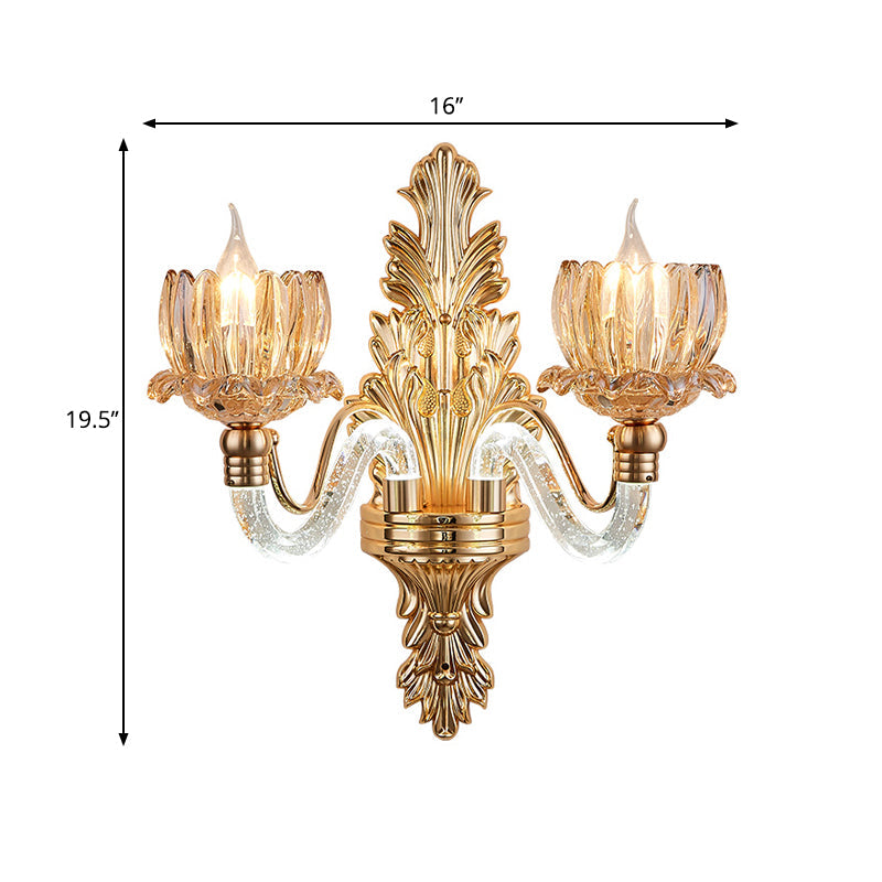 Gold Ribbed Glass Wall Sconce With 2 Floral Lights - Mid Century Fixture