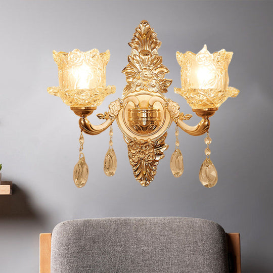 Mid Century Clear Crystal Glass Flower Corner Sconce Lighting - Gold Wall Mounted Lamp