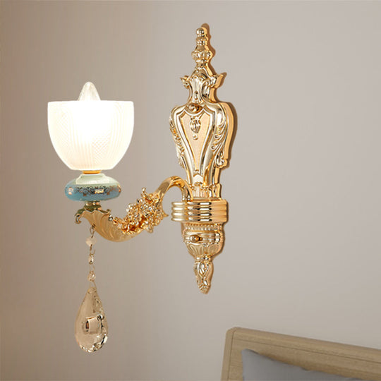 Mid-Century Cup Shape Wall Light Sconce In Gold With Latticed Glass - Single Fixture