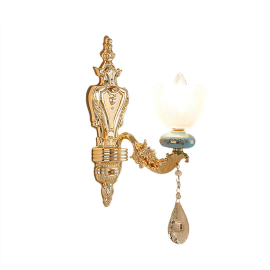 Mid-Century Cup Shape Wall Light Sconce In Gold With Latticed Glass - Single Fixture