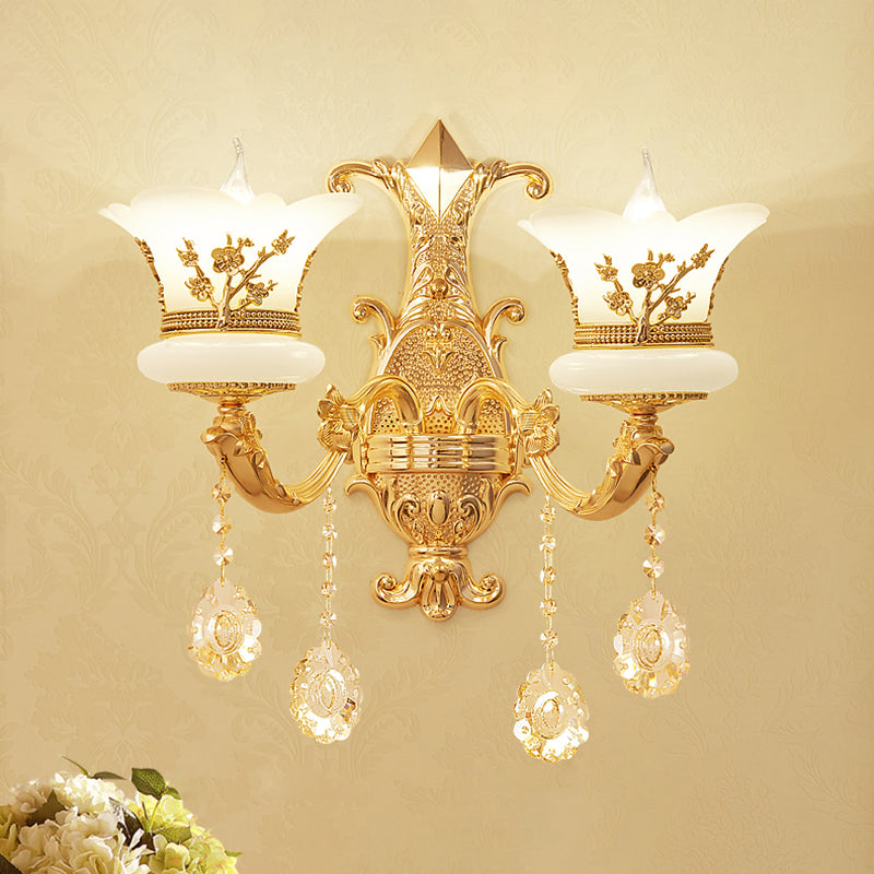 Mid-Century Gold Wall Mounted Lamp With Frosted Glass - Flower Bedside Light Fixture