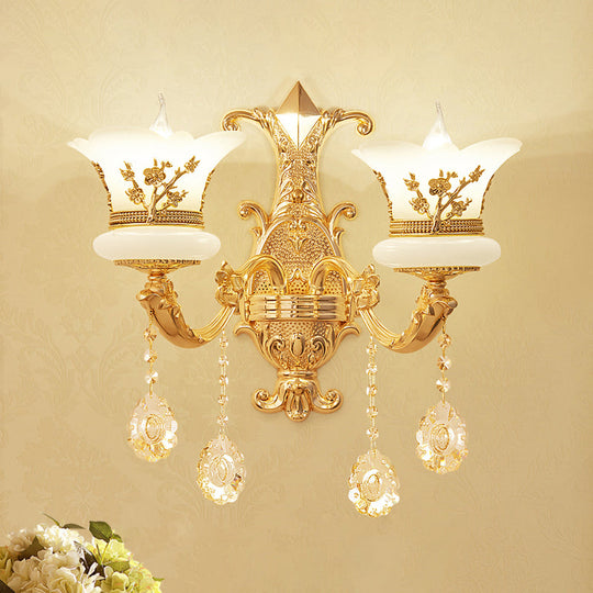 Mid-Century Gold Wall Mounted Lamp With Frosted Glass - Flower Bedside Light Fixture