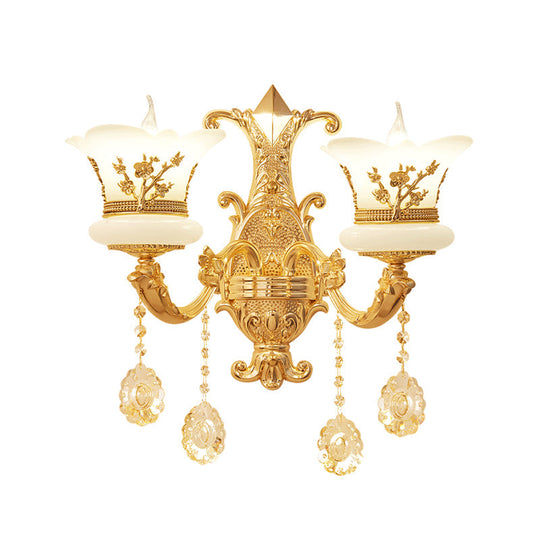 Mid-Century Gold Wall Mounted Lamp With Frosted Glass - Flower Bedside Light Fixture