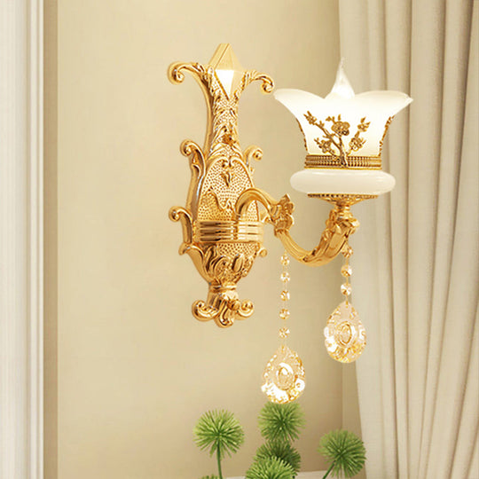 Mid-Century Gold Wall Mounted Lamp With Frosted Glass - Flower Bedside Light Fixture