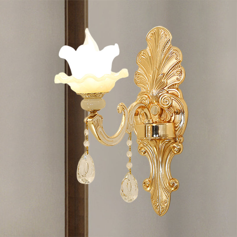 Mid Century Opal Glass Wall Sconce With Gold Finish & Flower Shade - Single Light Mounted