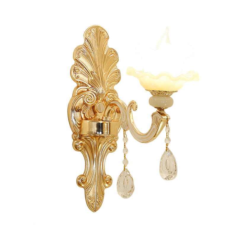 Mid Century Opal Glass Wall Sconce With Gold Finish & Flower Shade - Single Light Mounted