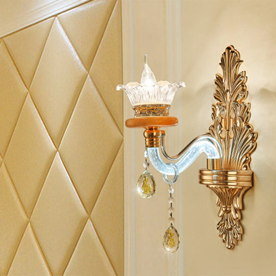 Gold Crystal Wall Sconce Lamp: Traditional Curved Arm Design - Single Bulb Light Fixture