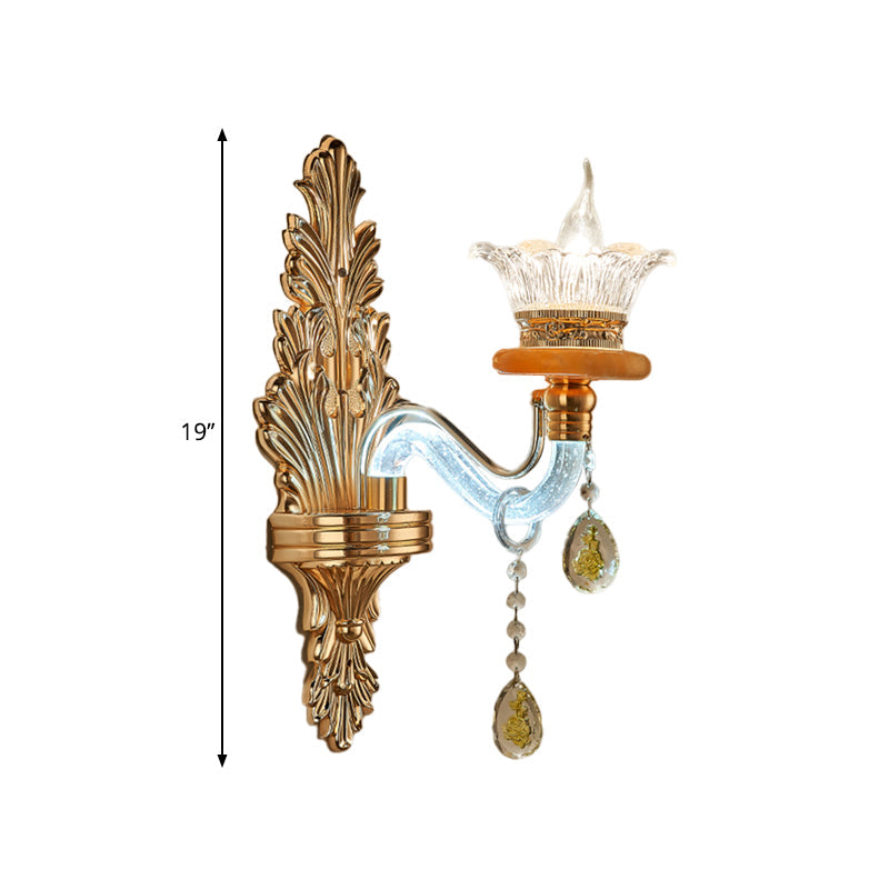 Gold Crystal Wall Sconce Lamp: Traditional Curved Arm Design - Single Bulb Light Fixture
