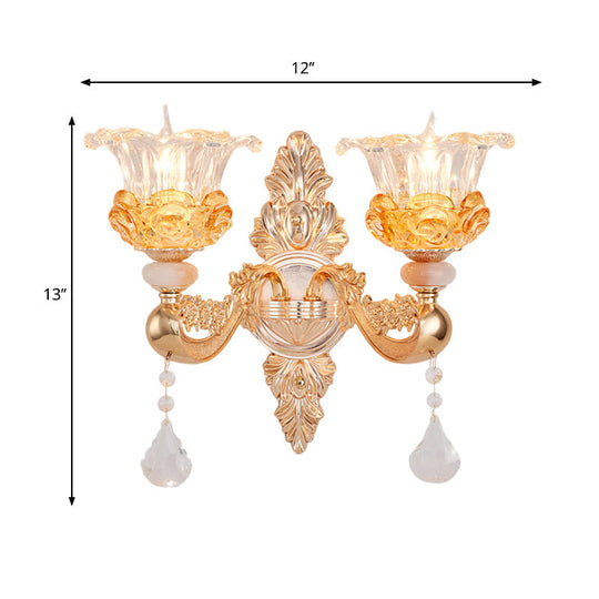 Traditional Gold Crystal Sconce With 2 Bulbs - Elegant Wall Mount Light Fixture