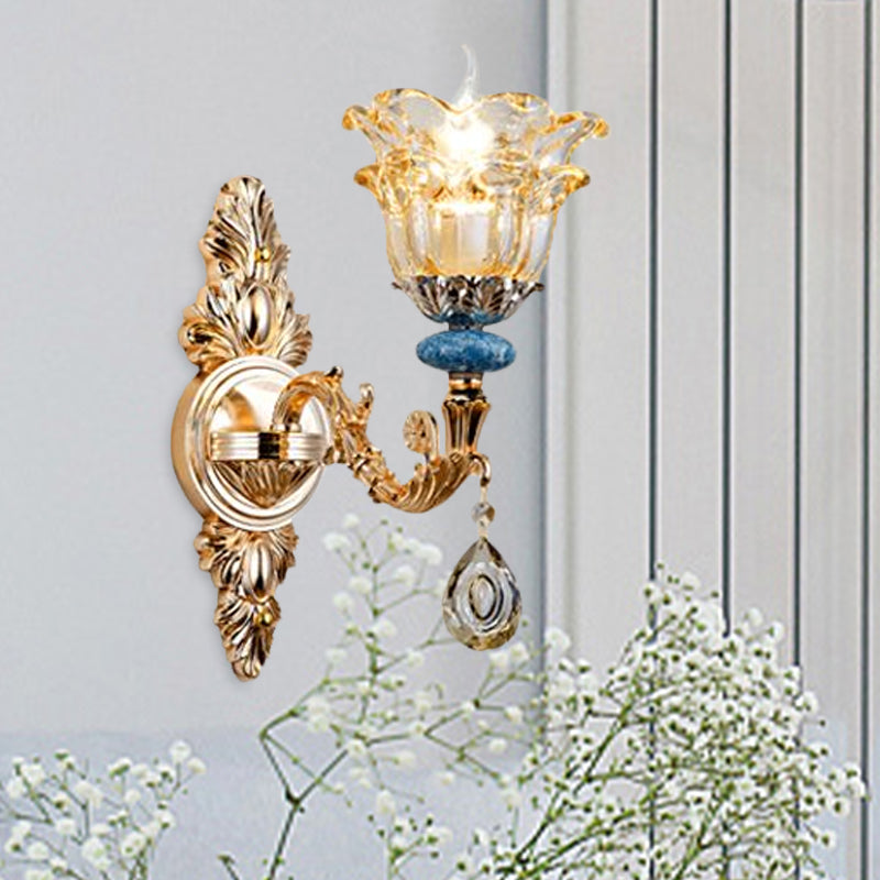 Golden Floral Crystal Wall Lamp Kit - 2-Layer 1/2-Bulb Option For Bedside Mounting 1 / Gold