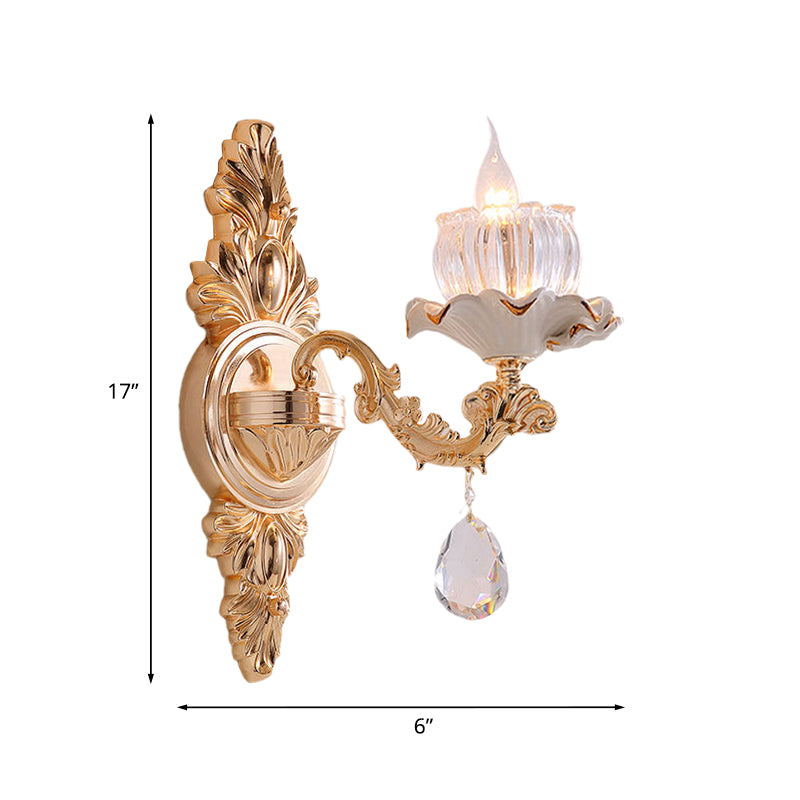 Rustic Gold Ruffle Wall Mount Sconce Light With Clear Ribbed Glass - Traditional Design