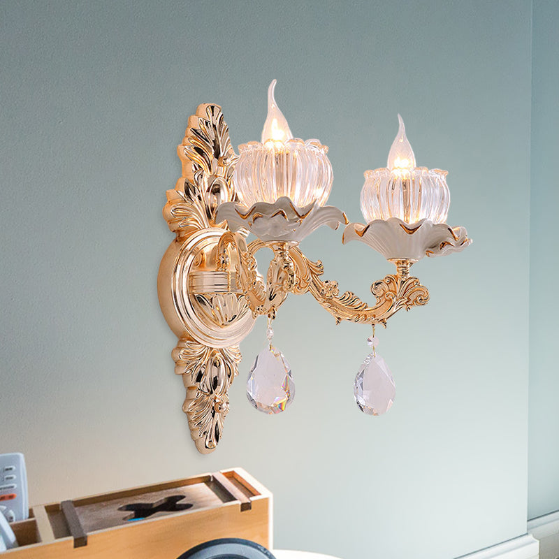 Rustic Gold Ruffle Wall Mount Sconce Light With Clear Ribbed Glass - Traditional Design