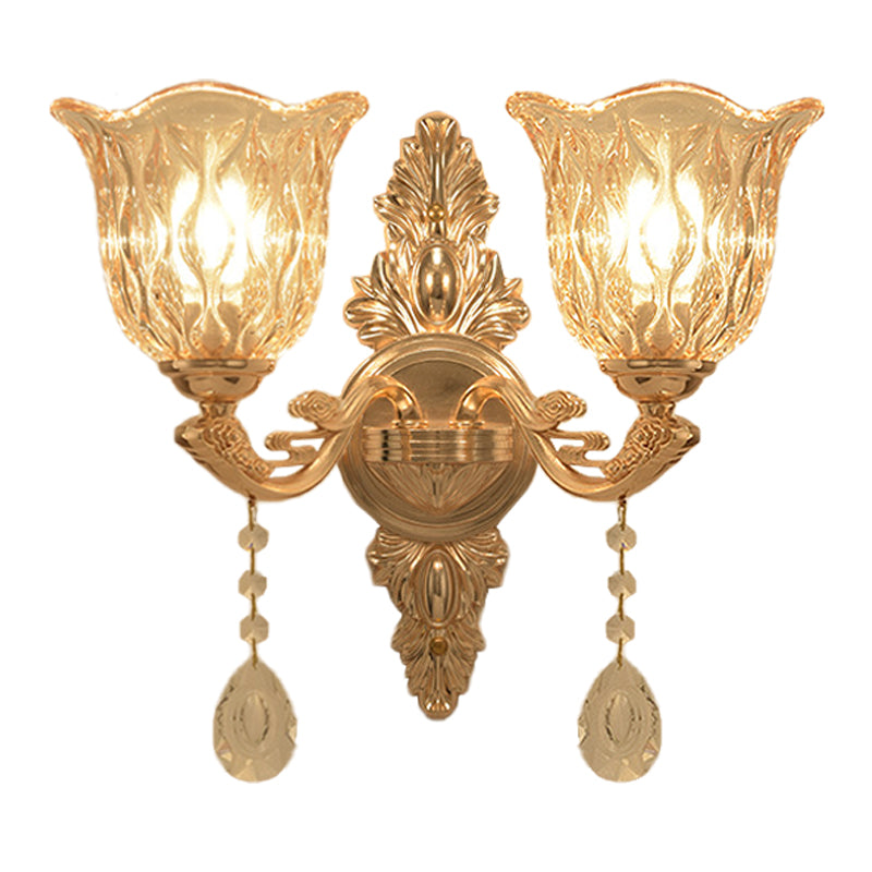 Gold Clear Textured Glass Sconce: Traditional Bell Shaped Wall Mounted Lamp - 1/2-Light