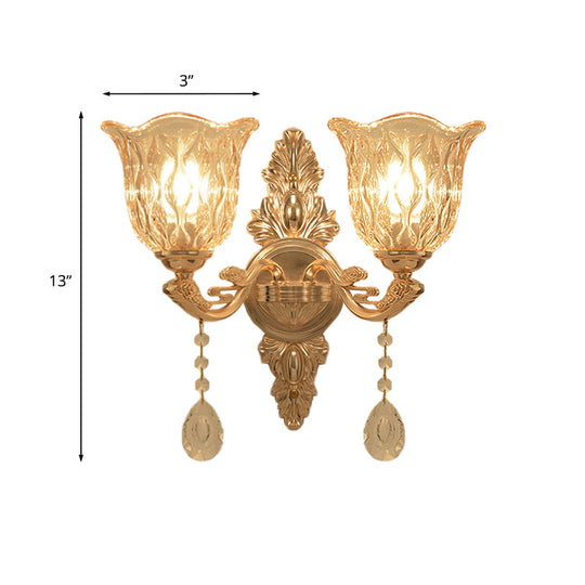 Gold Clear Textured Glass Sconce: Traditional Bell Shaped Wall Mounted Lamp - 1/2-Light