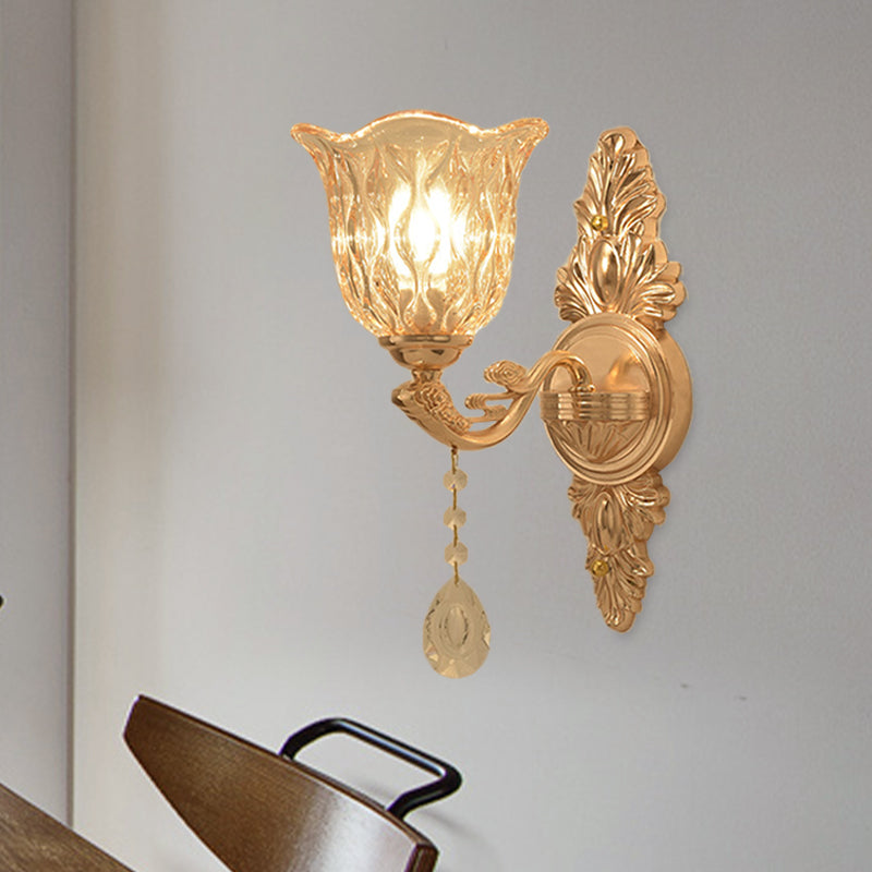 Gold Clear Textured Glass Sconce: Traditional Bell Shaped Wall Mounted Lamp - 1/2-Light
