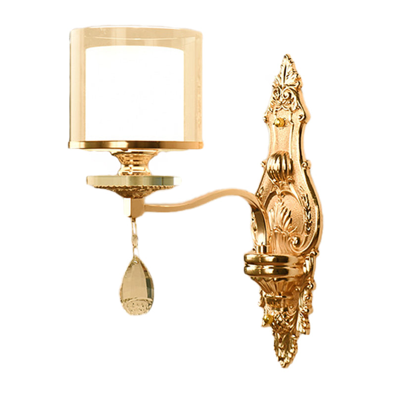 Retro Gold Wall Sconce With Clear And Frosted Glass Shade - 1 Light Mount Lamp For Living Room