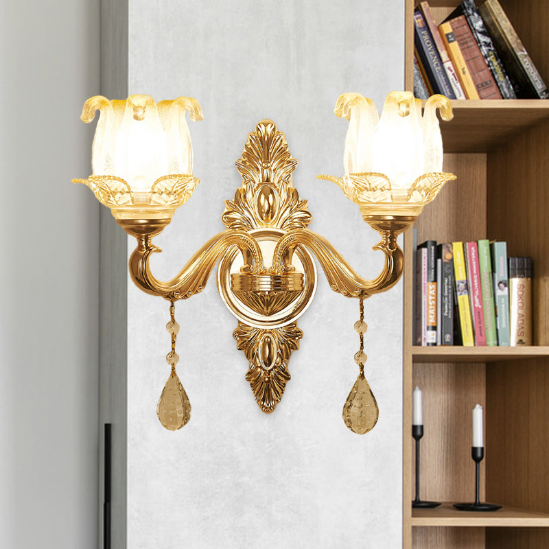 Traditional Gold Sconce Light With Frosted Glass Floral Design - Ideal For Living Room Wall Lighting