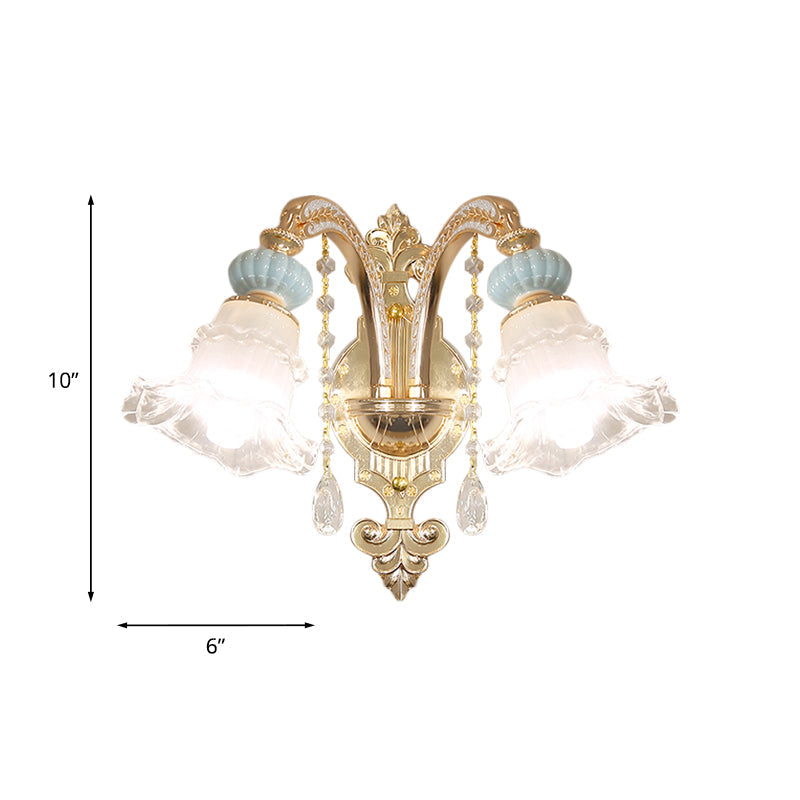 Traditional Blue Frosted Glass Wall Sconce With Ceramic Accent And Ruffle Trim