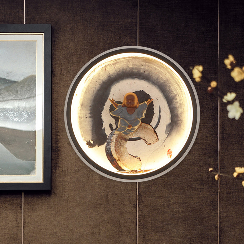 Led Asian Buddha Boy Mural Lamp: Wall Mounted Aluminum Lighting With Black Halo Ring - Ideal For