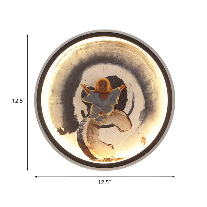 Led Asian Buddha Boy Mural Lamp: Wall Mounted Aluminum Lighting With Black Halo Ring - Ideal For