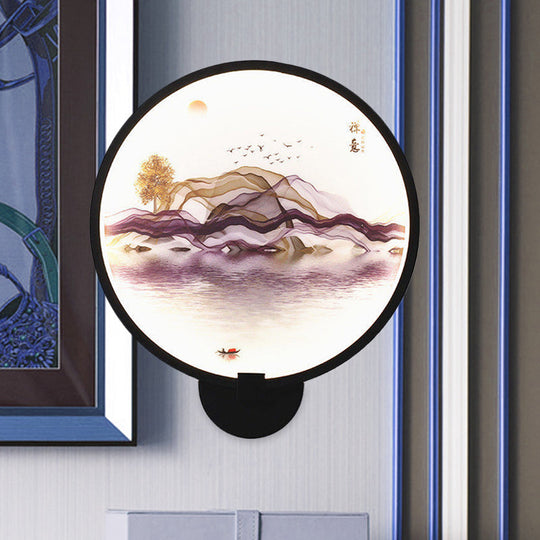 Metallic Led Wall Sconce Light - Brown/Purple Line Art Mural Lighting Asian Style For Bedroom