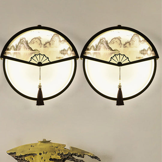Chinese Metal Black Fan-Shaped Led Wall Lamp With Mountain Scene Mural Light And Tassel Knot Accent
