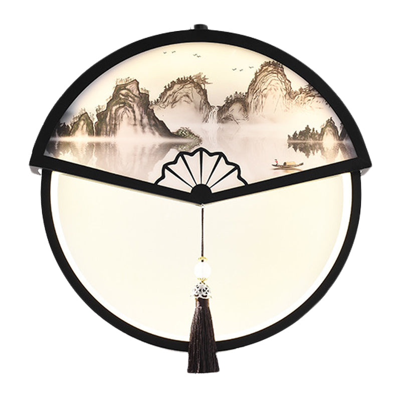 Chinese Metal Black Fan-Shaped Led Wall Lamp With Mountain Scene Mural Light And Tassel Knot Accent