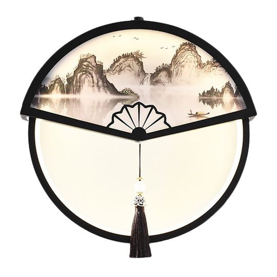 Chinese Metal Black Fan-Shaped Led Wall Lamp With Mountain Scene Mural Light And Tassel Knot Accent