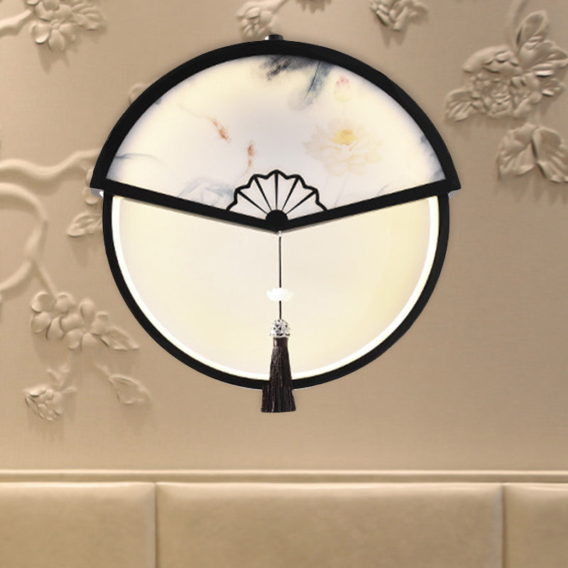 Chinese Metal Black Fan-Shaped Led Wall Lamp With Mountain Scene Mural Light And Tassel Knot Accent