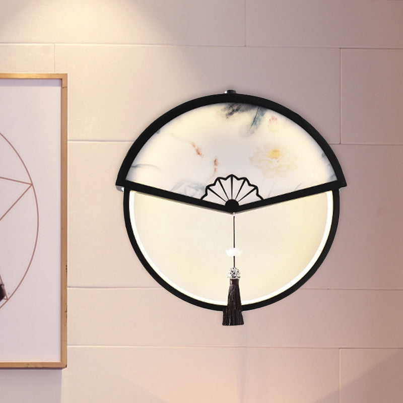 Chinese Metal Black Fan-Shaped Led Wall Lamp With Mountain Scene Mural Light And Tassel Knot Accent