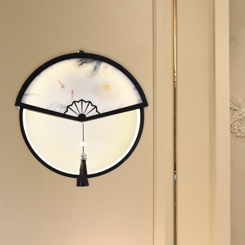 Chinese Metal Black Fan-Shaped Led Wall Lamp With Mountain Scene Mural Light And Tassel Knot Accent