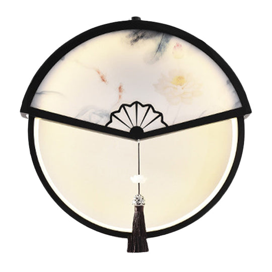 Chinese Metal Black Fan-Shaped Led Wall Lamp With Mountain Scene Mural Light And Tassel Knot Accent
