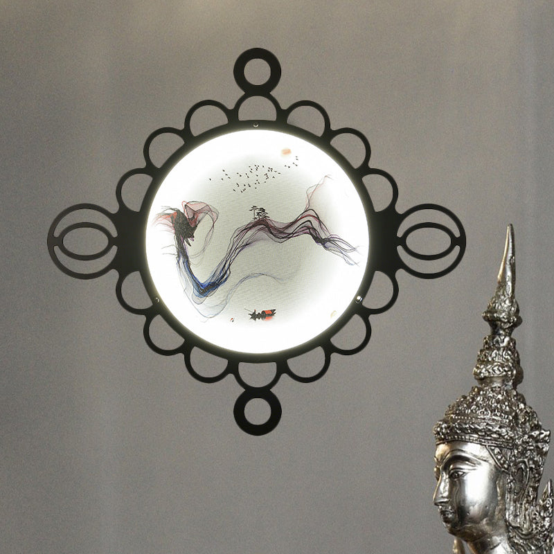 Chinese Style Mountain Landscape Metal Mural Lamp: Black Led Wall Mount Lighting With Edge Circles