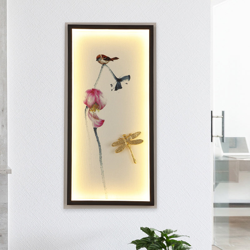 Black Dragonfly-Lotus Led Wall Sconce With Metal Frame - Asian Inspired Mural Lamp