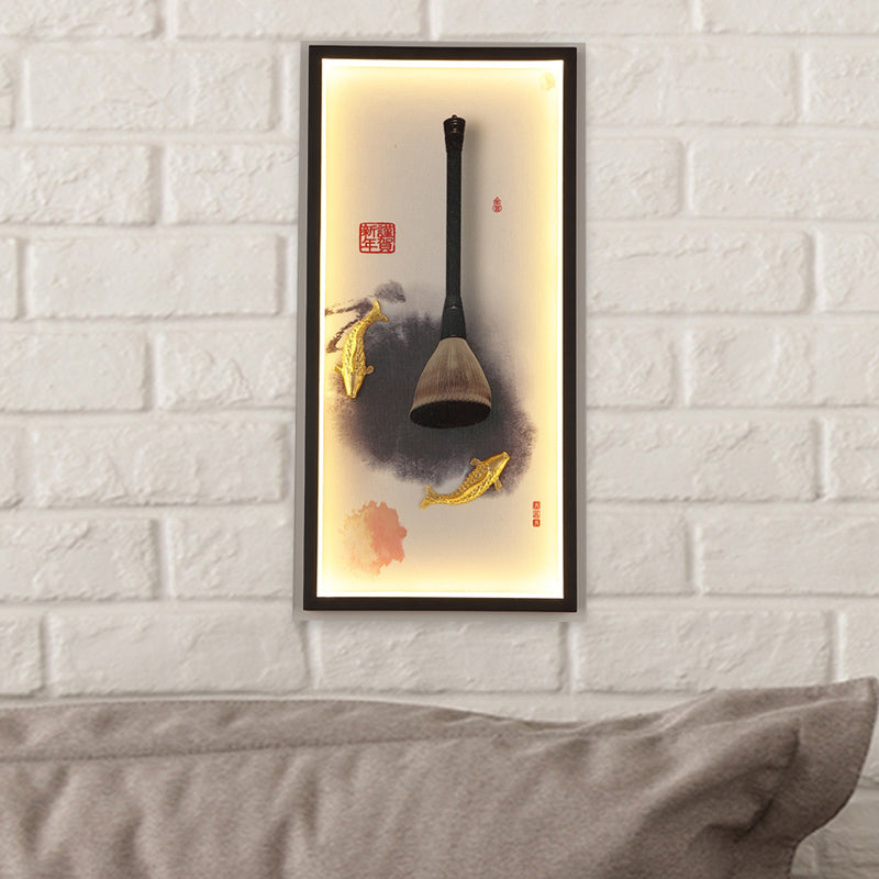 Chinese Metal Wall Lamp: Fish & Writing Brush Led Mural Light For Study Room In Black