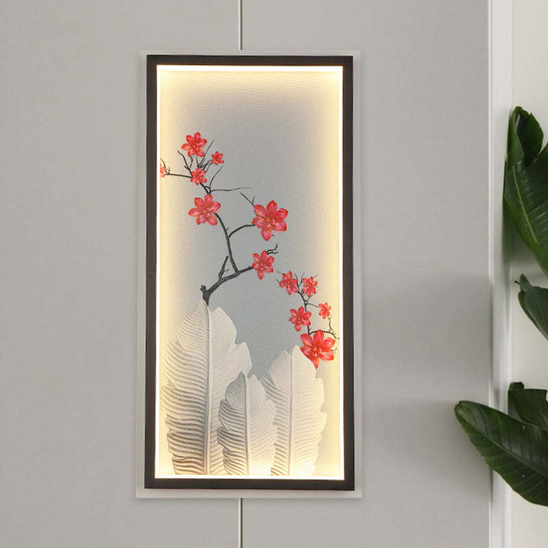 Led Wall Mount Lamp With Banana Leaf And Flower Mural - Asian Aluminum Design In Black