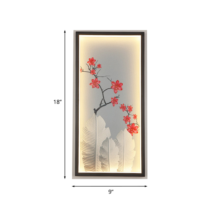 Led Wall Mount Lamp With Banana Leaf And Flower Mural - Asian Aluminum Design In Black